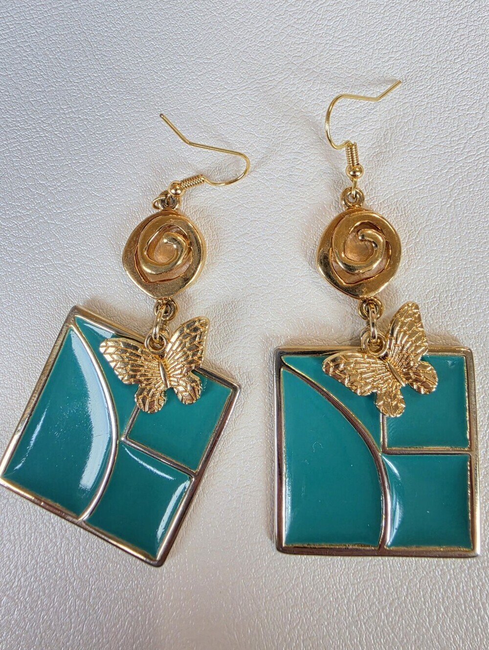 Vintage Handcrafted Upcycled Gold & Teal Butterfly Drop Earrings
